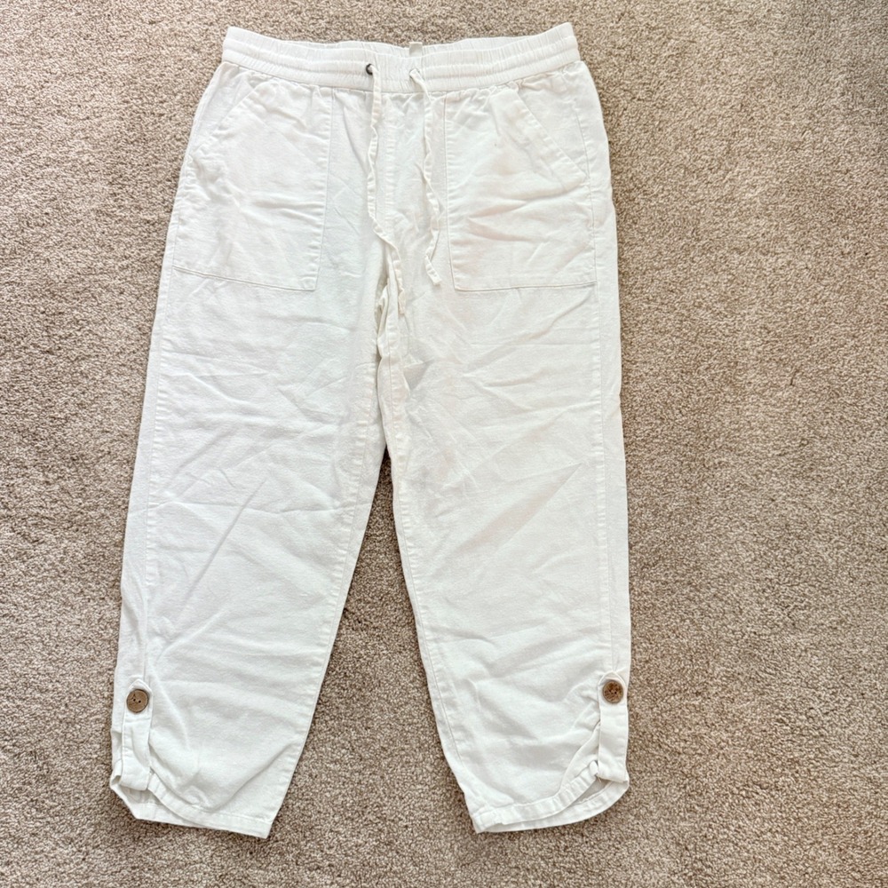 Jules & Leopold Cropped Pants Women Medium White Linen Blend Button Hem